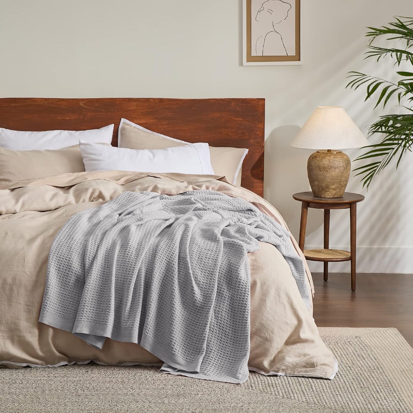 100% Cotton Blanket Queen Size for Bed - Breathable and Soft, Waffle Weave Blanket for Summer Spring, Grey, 90X90 Inches