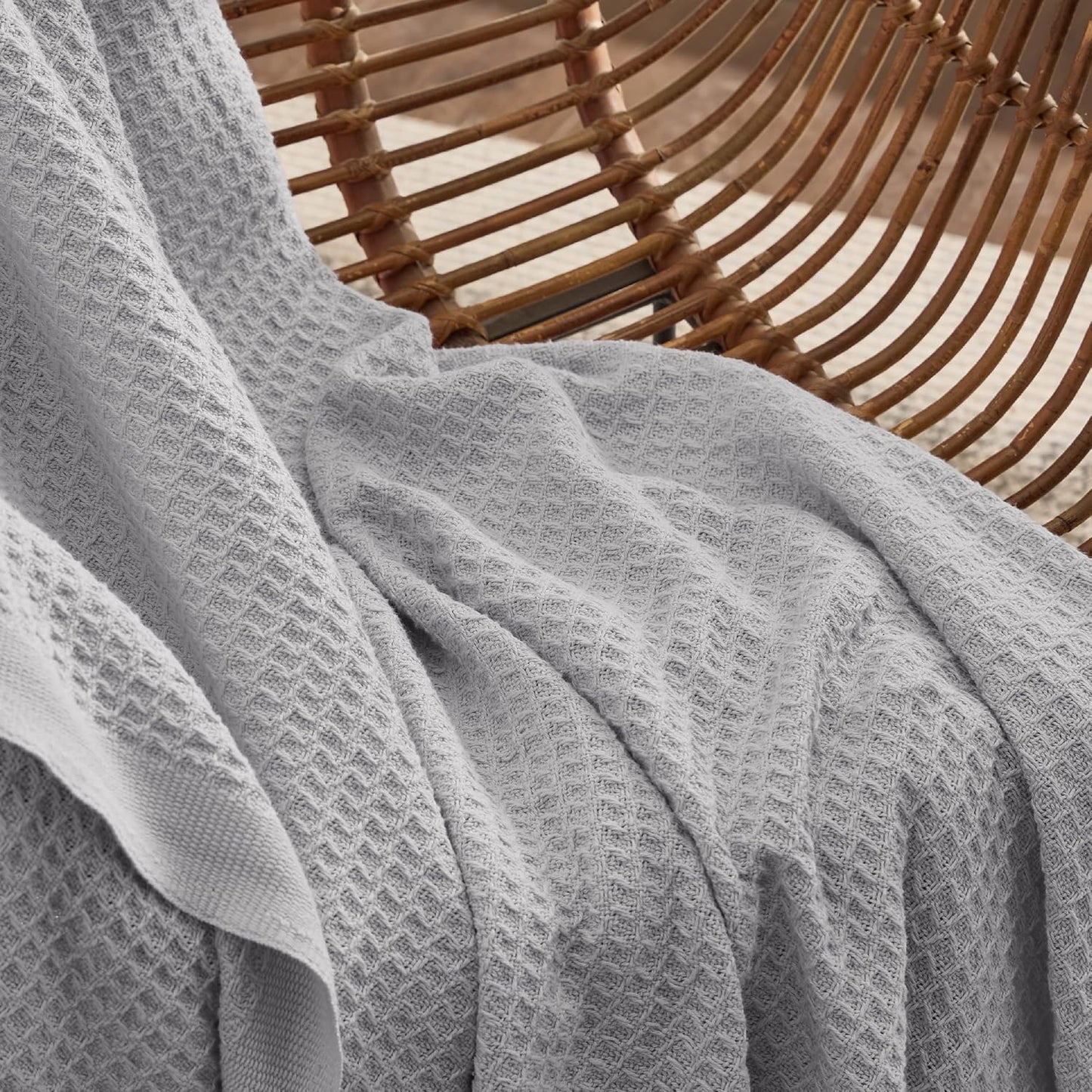 100% Cotton Blanket Queen Size for Bed - Breathable and Soft, Waffle Weave Blanket for Summer Spring, Grey, 90X90 Inches