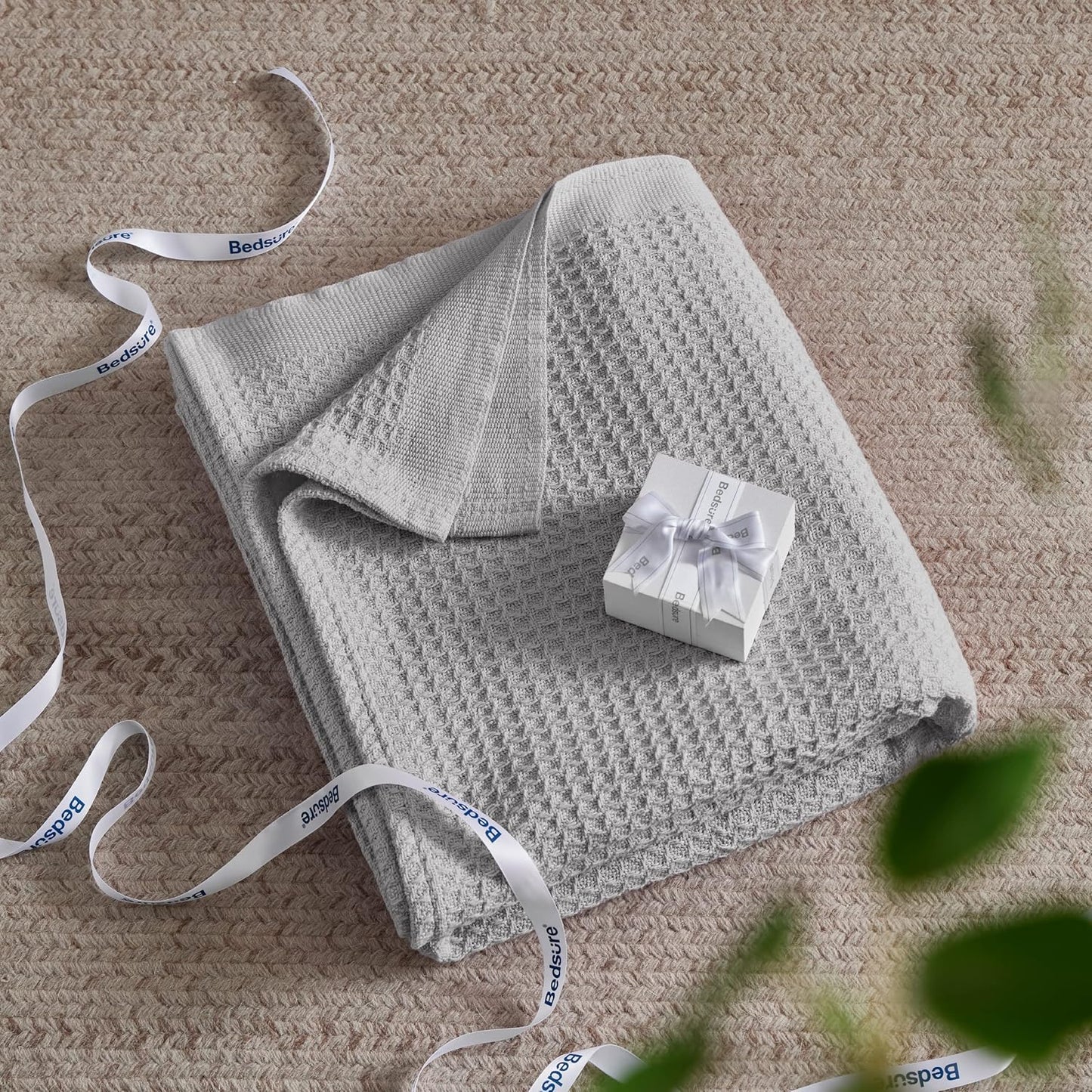 100% Cotton Blanket Queen Size for Bed - Breathable and Soft, Waffle Weave Blanket for Summer Spring, Grey, 90X90 Inches