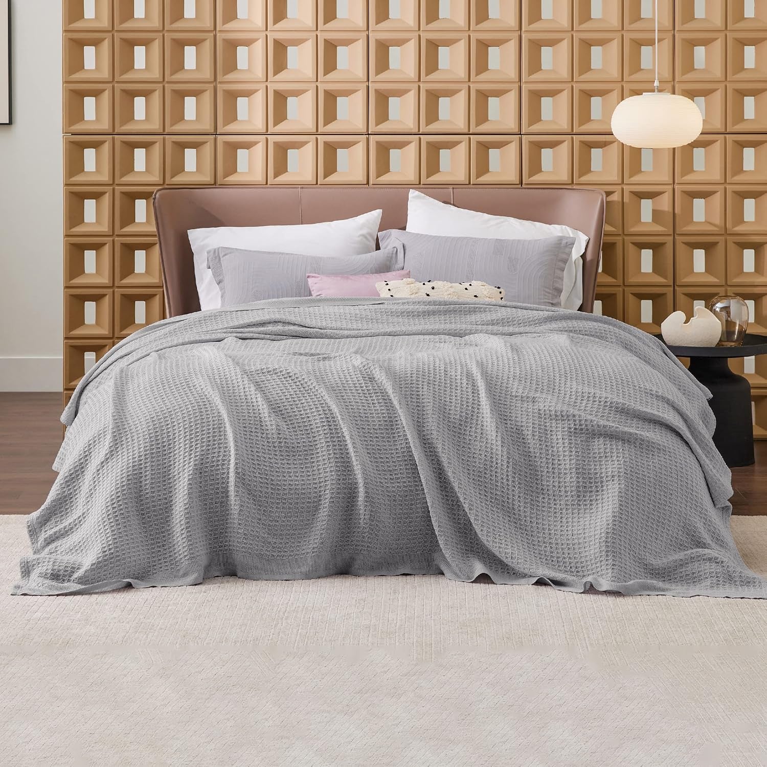 100% Cotton Blanket Queen Size for Bed - Breathable and Soft, Waffle Weave Blanket for Summer Spring, Grey, 90X90 Inches