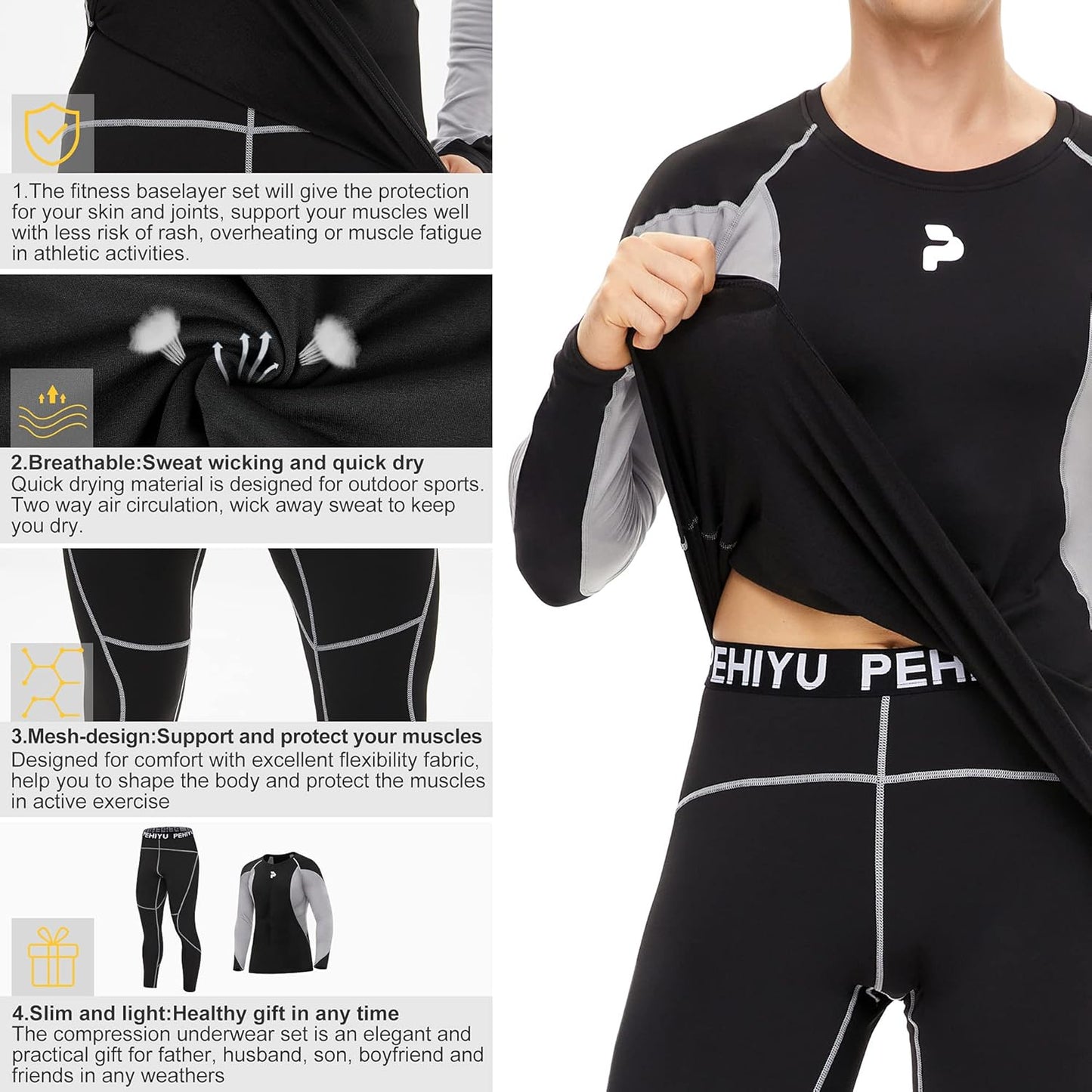 Men'S Thermal Underwear Sets Fleece Sweat Top Bottom Long Johns Set Thermo Base Layer