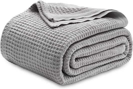 100% Cotton Blanket Queen Size for Bed - Breathable and Soft, Waffle Weave Blanket for Summer Spring, Grey, 90X90 Inches